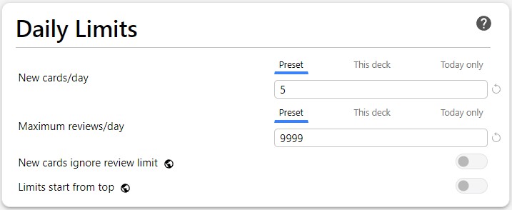 A screenshot of the Anki deck options showing the Daily Limits section of settings.